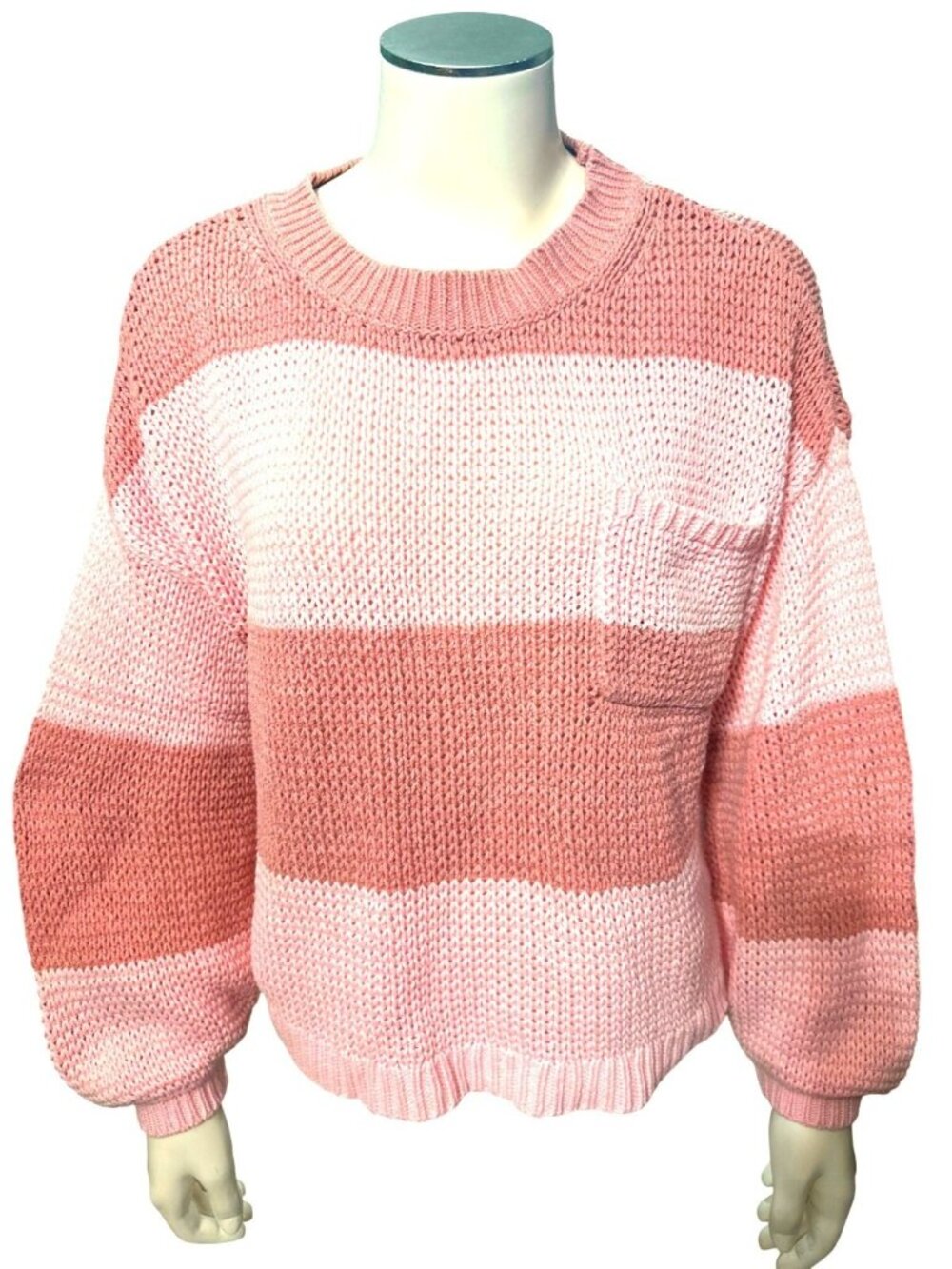 American Eagle S Peach Colorblock Knit Crewneck Pocket Cozy Preppy Comfy Sweater